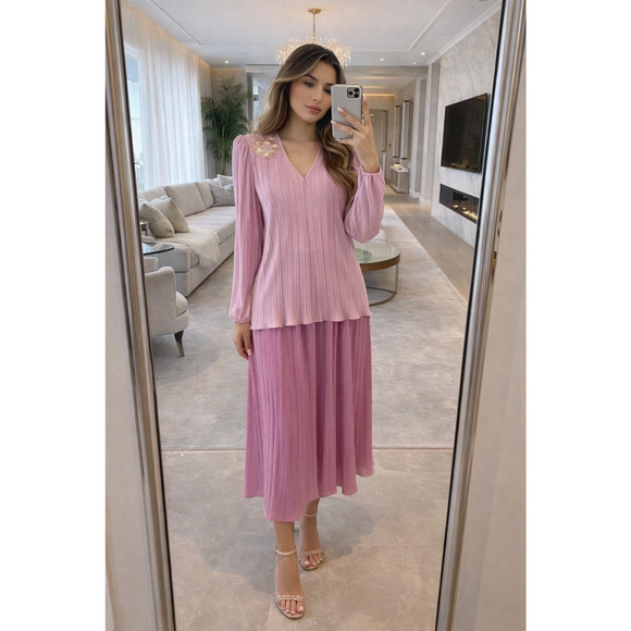Lisa Cole Dresses & Skirts - Vintage Pink Mini Accordion Pleat Overlay Dress Size L Long Sleeve Boho Modest